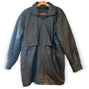 Phase 2 Vintage Black Leather Trench-Coat Shawl Collar Front Pockets Adj Waist